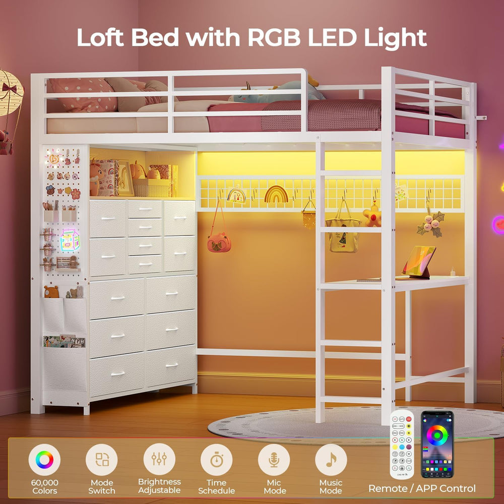 ADORNEVE Twin Loft Bed with Desk,14 Storage Drawers & Power Outlet, White