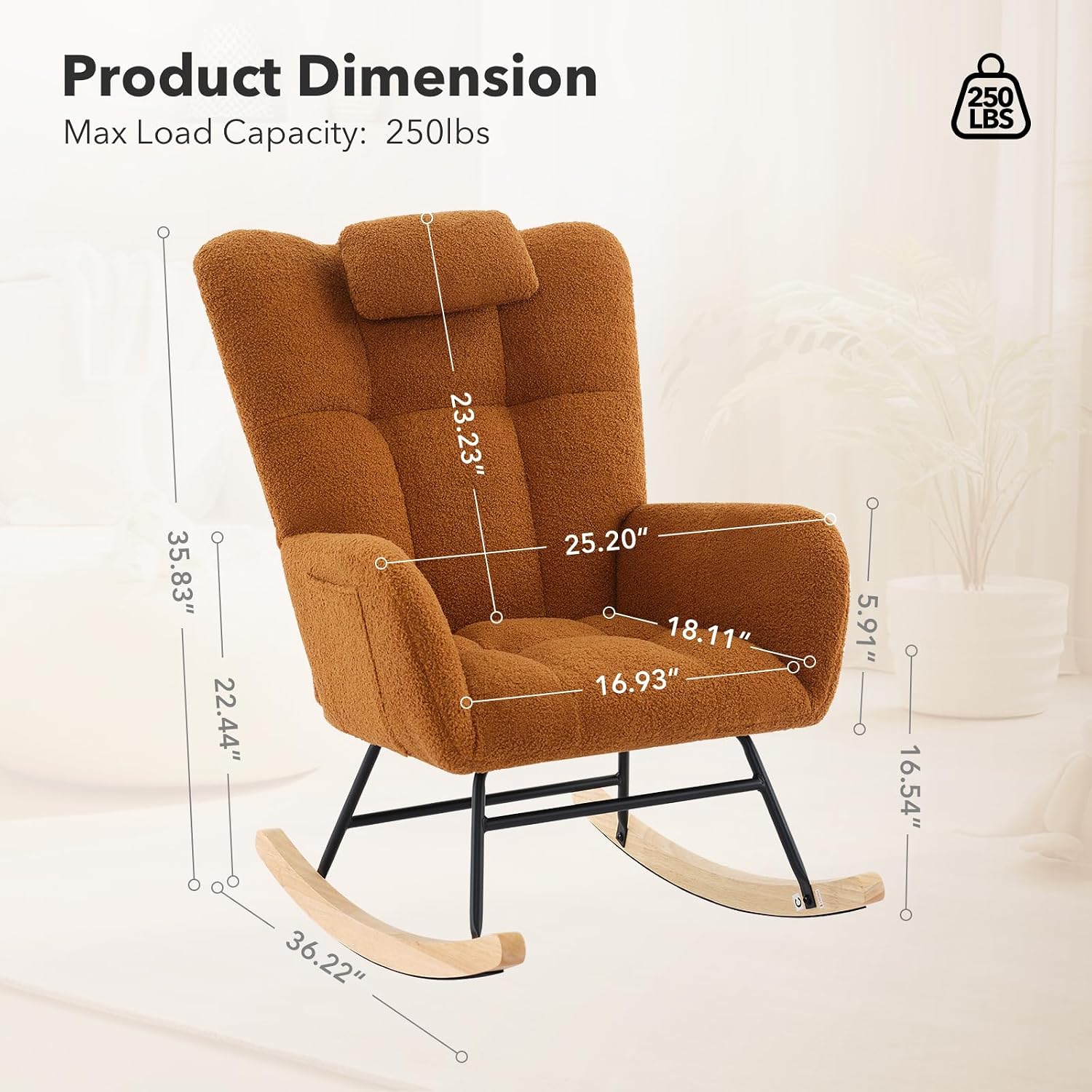 300lb Capacity Nursery Glider Rocker,Teddy Upholstered with Wood Legs for Living Room,Bedroom Nursery Includes Side Pockets