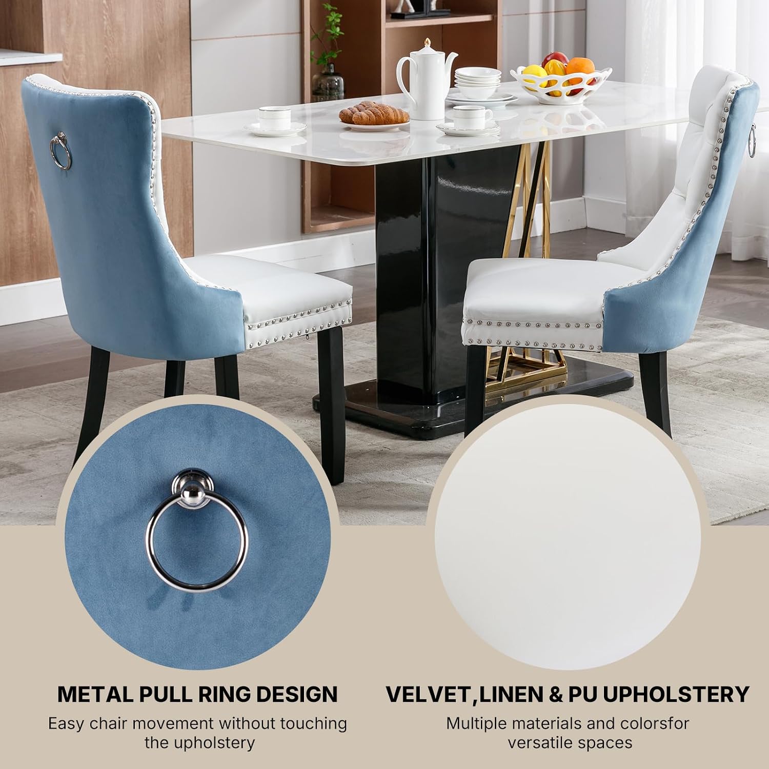 OVENTA Modern Tufted Upholstered Dining Chairs Set of 4, White Blue Velvet and Leather Dining Chair with Solid Wood Legs, Sillas de Comedor, Kitchen Chairs (White Blue, Velvet and Leather Set of 4)