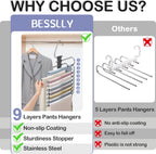 Upgrade 9 Layers Pants Hangers Space Saving, 2 Pack Non Slip Stainless Steel Multifunctional Pants Rack Closet Pant Hanger Organizer with Hooks for Pants Jeans Trousers Dorm Room Essentials, Black
