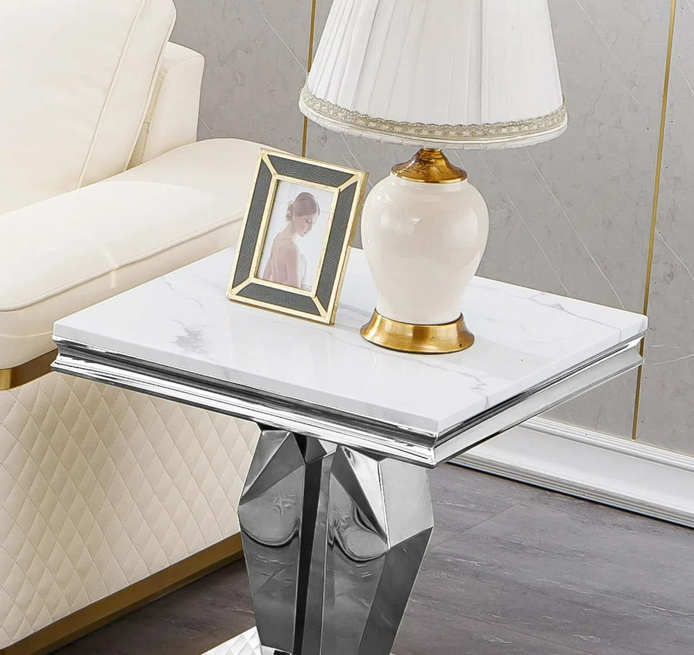Modern Marble End Table, Sqaure Sofa Side Table with Silver Mirrored Stainles...