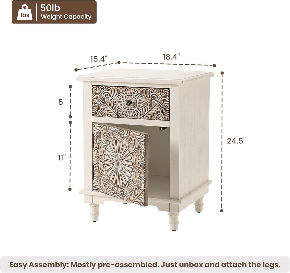 HOMPUS Night Stand Set 2, Vintage Nightstand with Storage, White Nightstand w...