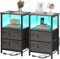 sthmec Nightstand with Charging Station, LED Night Stand Set of 2, Bedside Table End Table with Drawer, Bedroom Tables with 2 Fabric Drawers, 3-Tier Storage Side Table for Bedroom, Black Oak