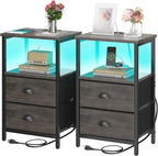 sthmec Nightstand with Charging Station, LED Night Stand Set of 2, Bedside Table End Table with Drawer, Bedroom Tables with 2 Fabric Drawers, 3-Tier Storage Side Table for Bedroom, Black Oak