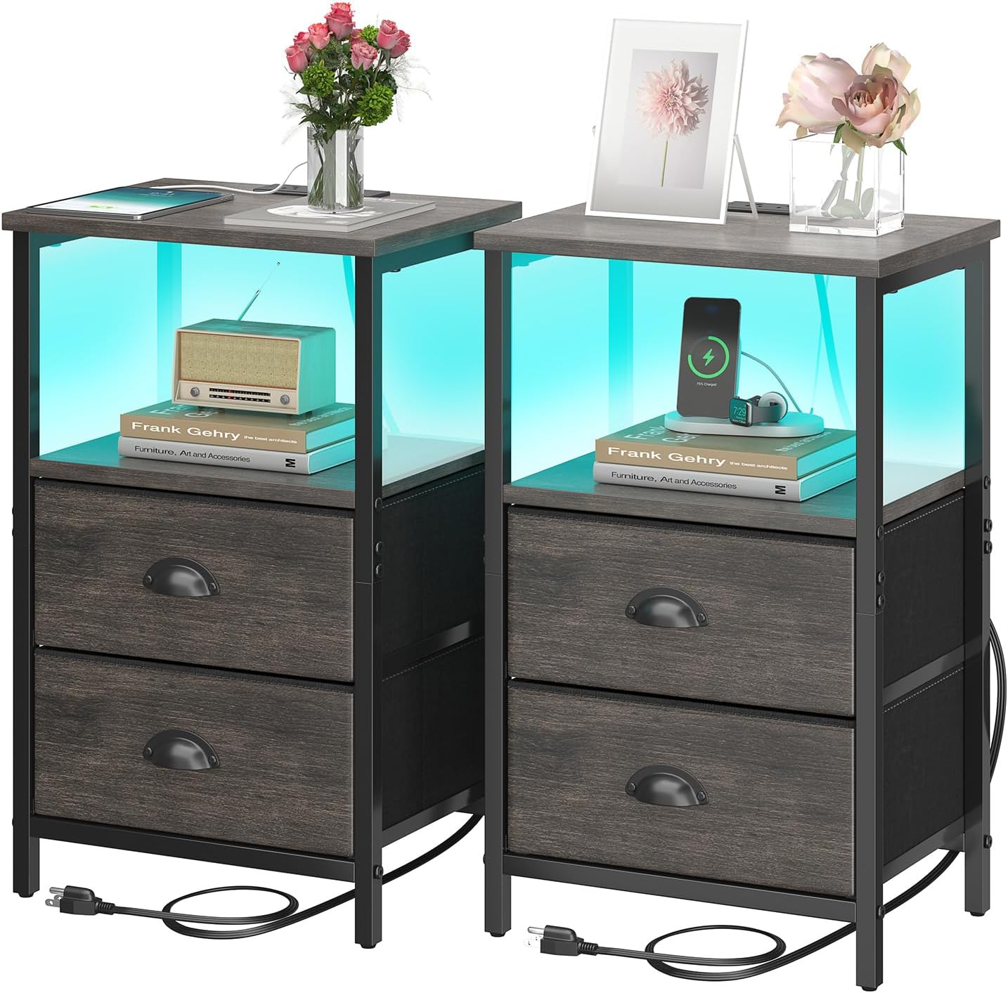 sthmec Nightstand with Charging Station, LED Night Stand Set of 2, Bedside Table End Table with Drawer, Bedroom Tables with 2 Fabric Drawers, 3-Tier Storage Side Table for Bedroom, Black Oak