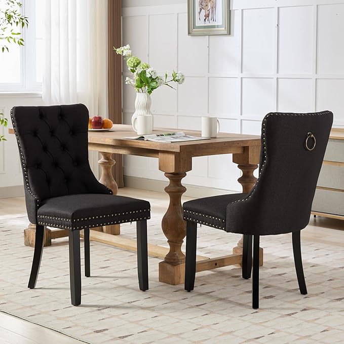Black Dining Chairs Set of 2, Upholstered Tufted Linen Fabric Dining Room Chairs with High Back, Nailhead Trim and Black Solid Wood Legs, Modern Dining Chair for Dining Room, Kitchen(Black)