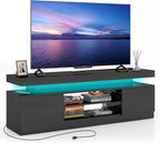 Verano Garden 63" LED TV Stand for 75 Inch TV, High Gloss Entertainment Center with 2 Storage Cabinets and Open Shelf, Modern TV Media Console with Power Outlet & Light for Living Room, Bedroom, Black