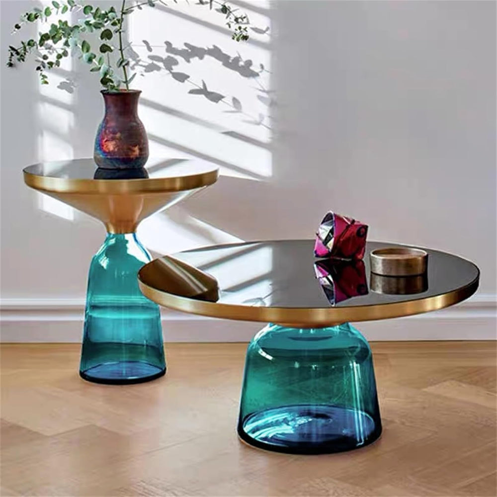 Small Glass Side Table for Living Room – Modern Round End Table with Hand-Blo...