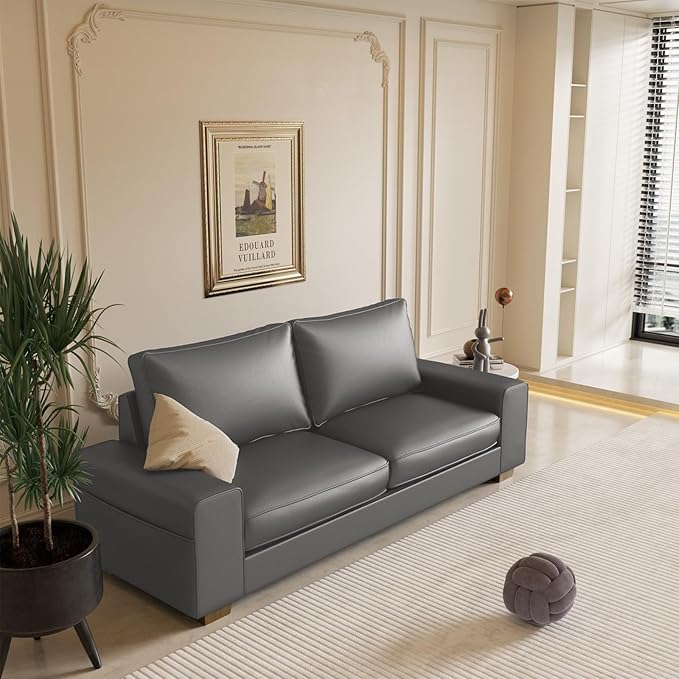 Faux Leather Couch, Mid Century Modern Comfy Loveseat Sofa with Wide Arm, Sid...