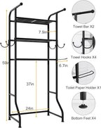 3-Tier Over The Toilet Storage Shelf，Bathroom Organizers and Storage Over Toilet，Metal Bathroom Space Saver with 2 Bars，1 Paper Holder and 4 Hooks,Black