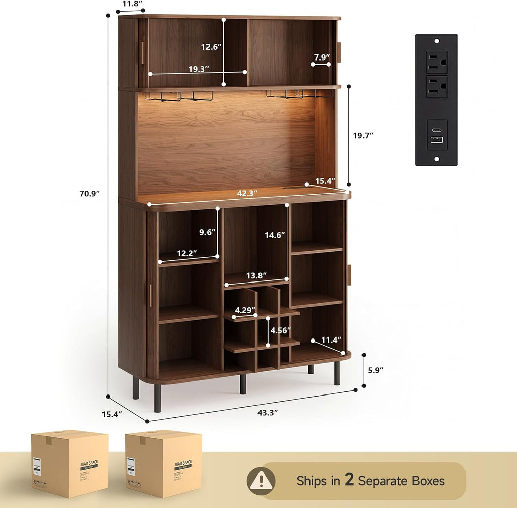 ONBRILL 71" Tall Wine Bar Cabinet with Storage (Walnut) | Fluted Liquor Cabinet, Modern Coffee Bar Cabinet, Large Home Bar, with LED Lights, Power Outlet, for Living Room, Kitchen