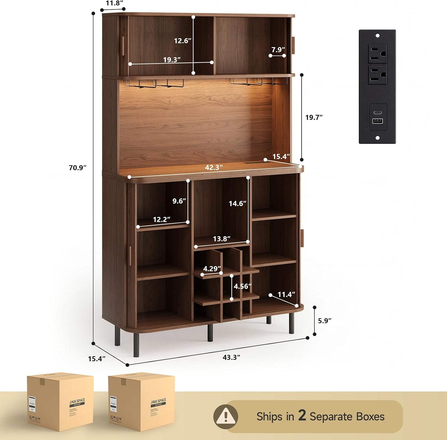 ONBRILL 71" Tall Wine Bar Cabinet with Storage (Walnut) | Fluted Liquor Cabinet, Modern Coffee Bar Cabinet, Large Home Bar, with LED Lights, Power Outlet, for Living Room, Kitchen