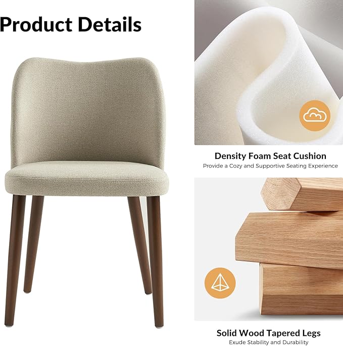 Dining Chairs Set of 6, Upholstered Kitchen Dining Room Chair Set Morden Accent Side Dinner Chair with Curved Padded Back Wood Legs for Restaurant/Cafe, Beige