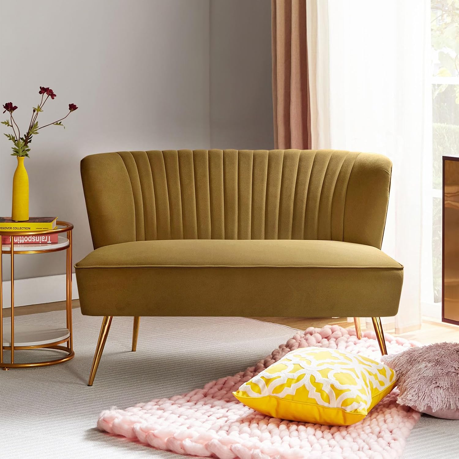 TINA'S HOME Mid-Century Velvet Loveseat Sofa, Upholstered Loveseat Couch with Golden Metal Legs, Small Tufted 2-Seat Sofa Armless Love Seat for Living Room Bedroom, Golden