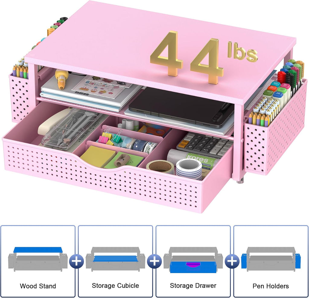 Spacrea Desk Organizer and Accessories, Computer Monitor Stand Riser with Drawer and 2 Pen Holders, Office Desk Accessories & Workspace Organizers for Office Supplies (Pink)