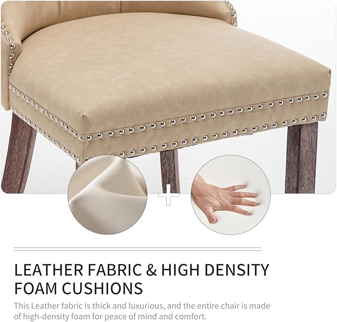 Leather Dining Chairs Set of 4, Upholstered Dining Room Chairs with Nailhead Trim, Sillas de Comedor Modernas 4, Wooden Kitchen Chairs for Dining Room, Living Room, Kitchen, Bedroom, Beige