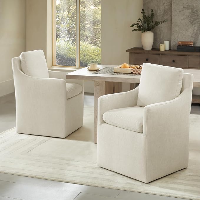 Upholstered Dining Chairs with Casters, No Assembly Modern Accent Armchair with Rollers for Dining Room, Bedroom, Living Room, Reading Room, Already Assembled, Beige, 2 Box