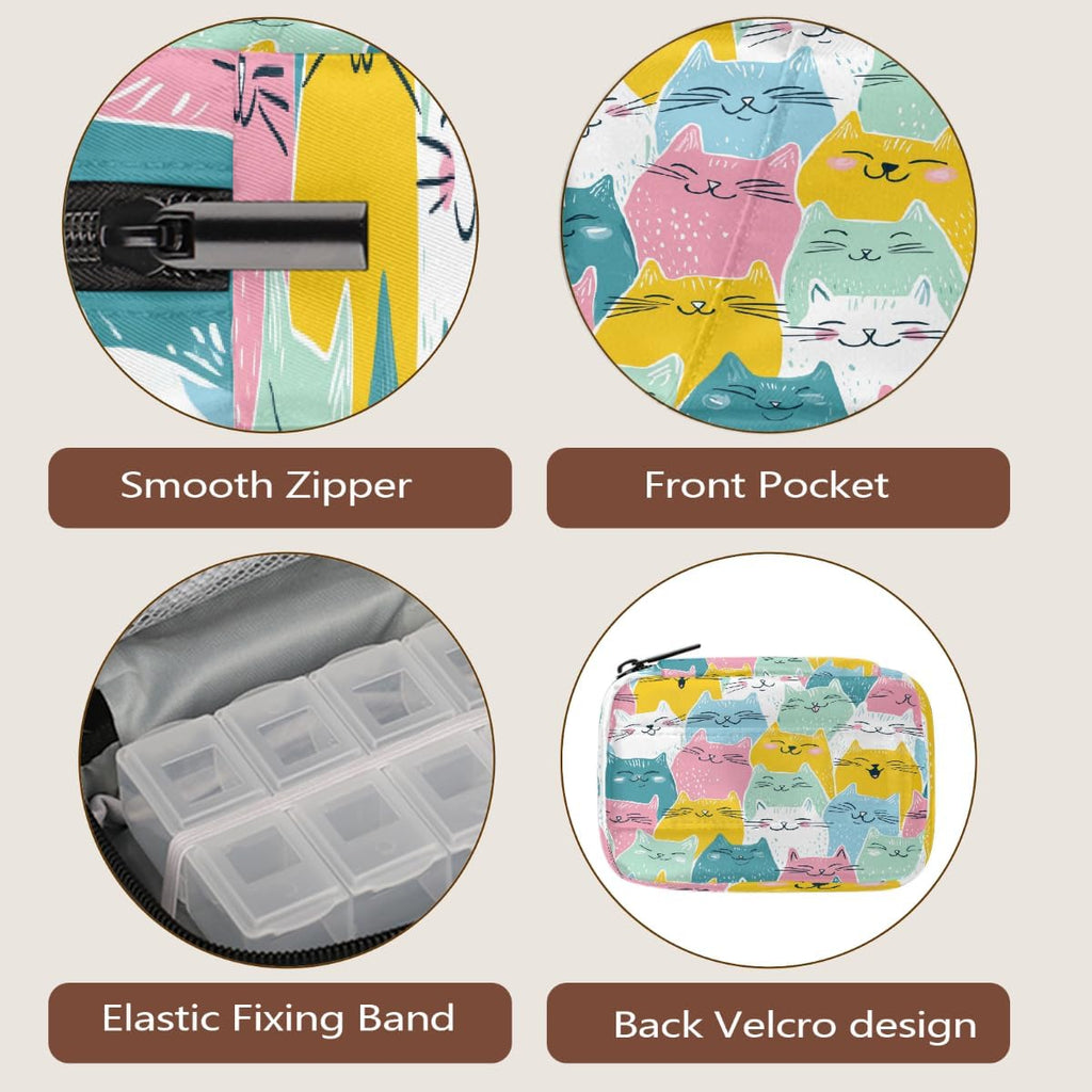Colorful Cartoon Cute Cats Pill Organizer Travel Medicine Case with Zipper Daily Vitamin Storage Bag Portable 8 Slot Weekly Pill Box Supplement Holder for Home Office Gym Travel