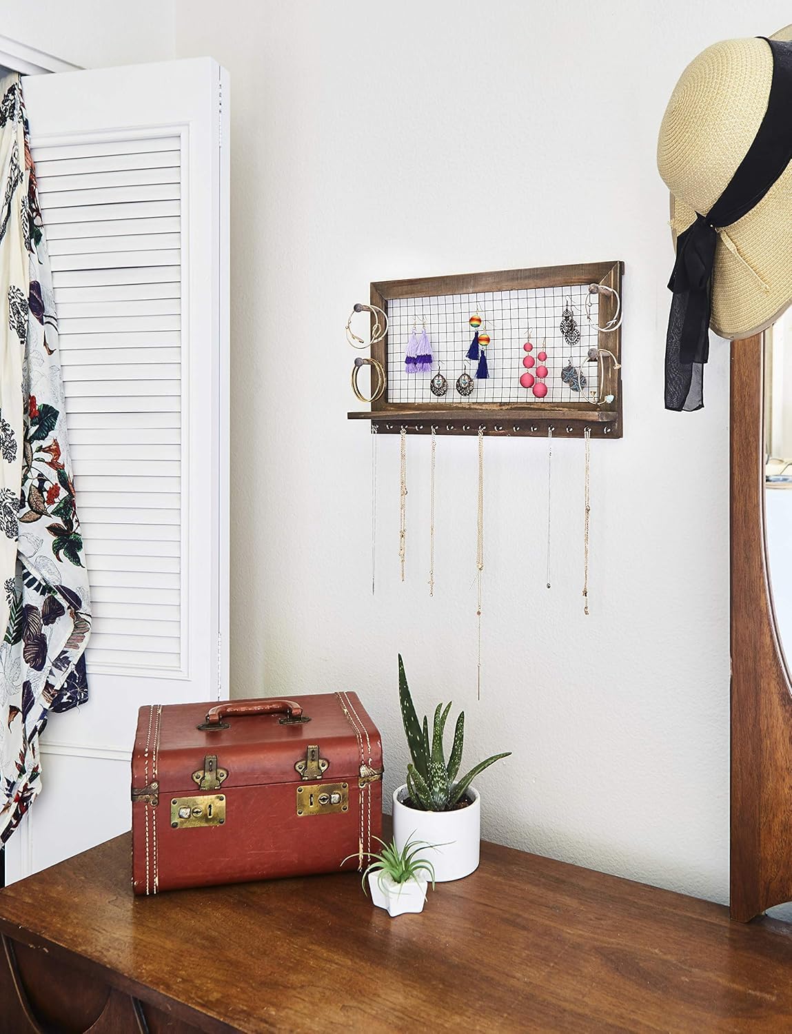 Rustic Jewelry Organizer Wall Mount with Bracelet Pegs-Necklace Holder Earring Hanger-Hanging Mounted Wooden Shelf to Display Earrings Necklaces and Accessories