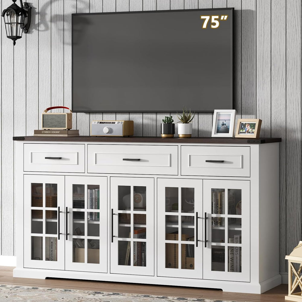 63" Buffet Cabinet with Glass Doors, Farmhouse Sideboard with 3 Drawers
