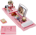 Foldable Bathtub Caddy Tray, Bamboo Bath Tub Tray Table for Tub with Wine Glass Holder Book Phone Tablet Holder with Extending Sides, Adjustable Bathroom Bathtub Free Soap Holder Gift Idea (Pink)