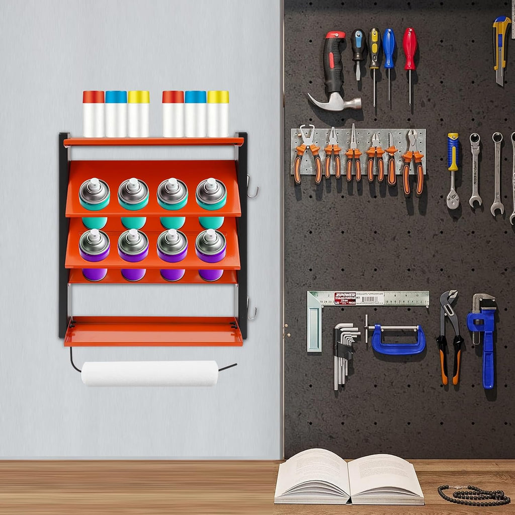 Spray Can Holder Wall-mounted Paints Holder Garage Storage Heavy Duty Paint Bottle Organizer for Garage & Home 8 Can Holes & 2 Shelf Shop Organization And Storage