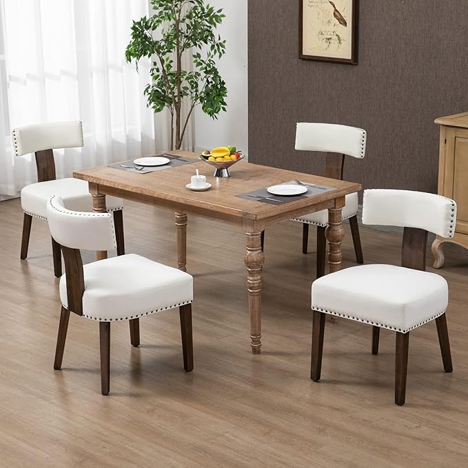Upholstered Wooden Farmhouse Dining Chairs Set of 2, Mid-Century Modern Fabric Dining Room Chairs with Wood Legs, Curved Backrest Kitchen Armless Accent Chairs for Living Room, Beige