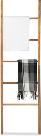 Acacia Wood Blanket Ladder, 6-Tier Wooden Blankets Holder for Living Room, Decorative Rack for Storage, Rustic Shelf for Farmhouse Bathroom - Light Natural