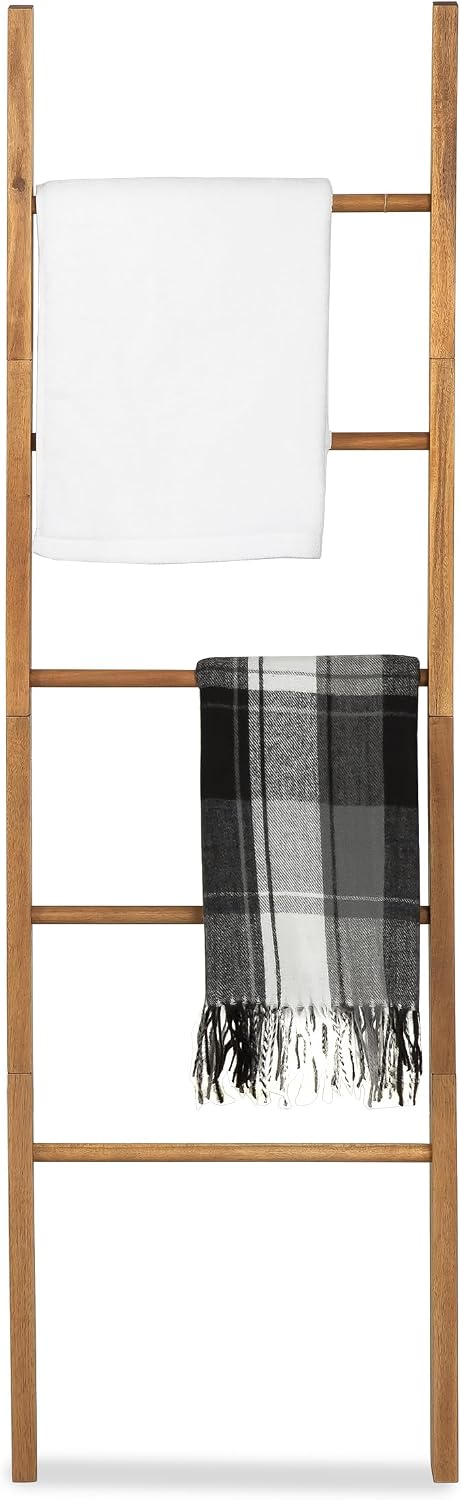 Acacia Wood Blanket Ladder, 6-Tier Wooden Blankets Holder for Living Room, Decorative Rack for Storage, Rustic Shelf for Farmhouse Bathroom - Light Natural