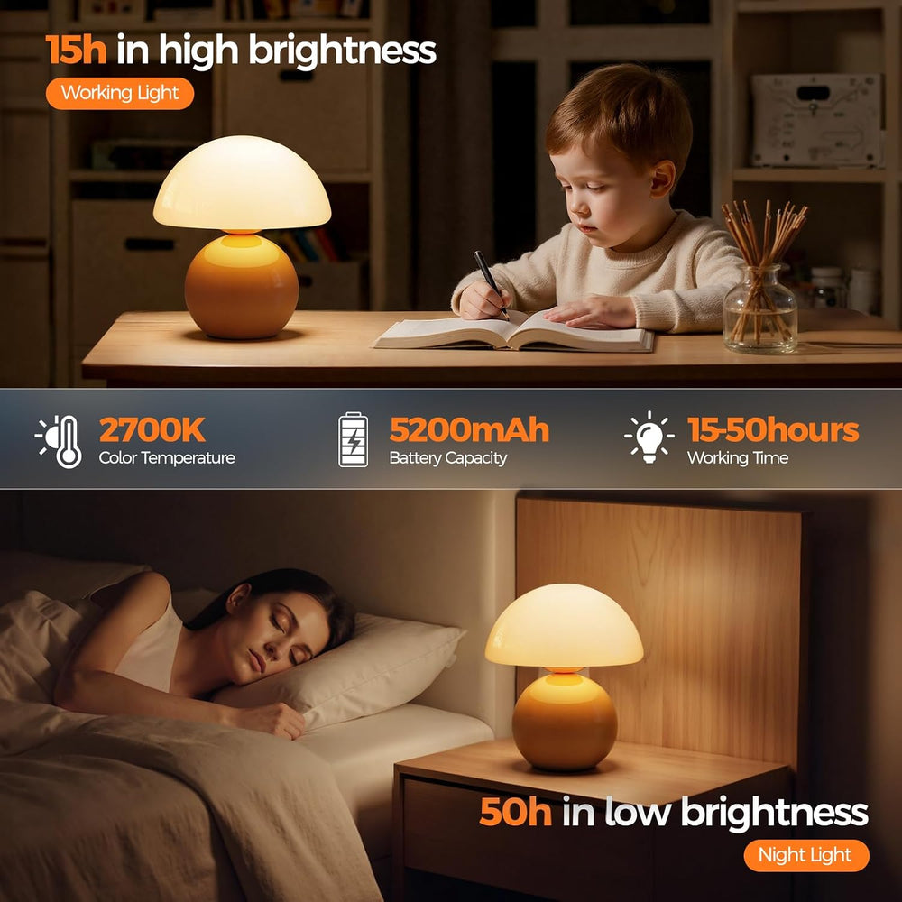 NIORSUN Mushroom Lamp Table Lamp for Bedroom, Portables Cordless Table Lamp,W...