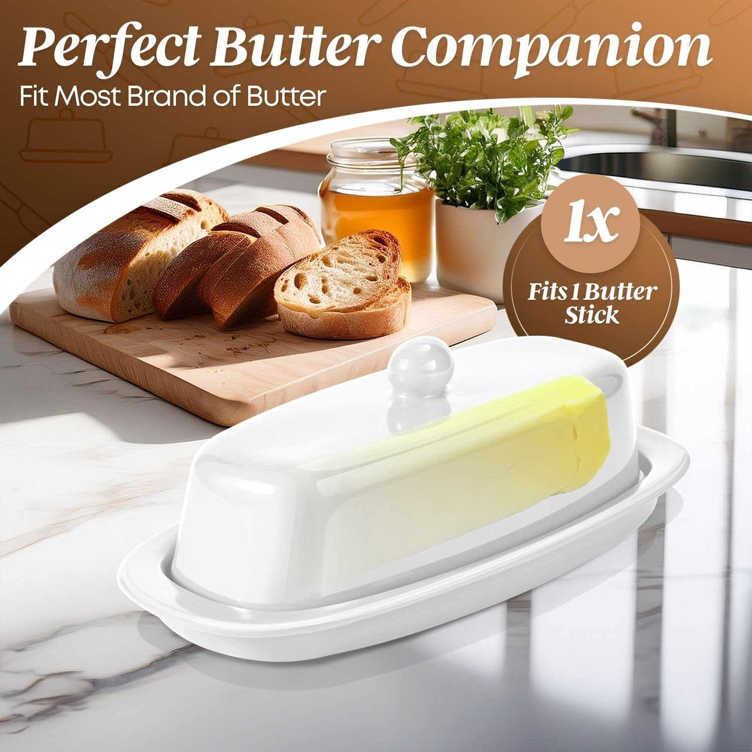 Flexzion Ceramic White European Butter Dish with Lid for Countertop (7 Inch) - 1 Stick Butter Holder for Counter, Cream Cheese Container Storage Keeper