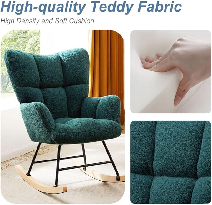 Nursery Rocking Chair, Boho Accent Ottoman, Teddy Upholstered Glider Rocker with High Backrest, Recliner Function and Foot Rest for Living Room, Small Spaces, Bedroom, Green