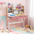 Costzon Kids Study Desk, Height Adjustable Children School Desk with Storage, Tilt Desktop, Pen Holder & Scale Ruler, Student Computer Desk Writing Table for Home School Use, Desk for Kids (Pink)