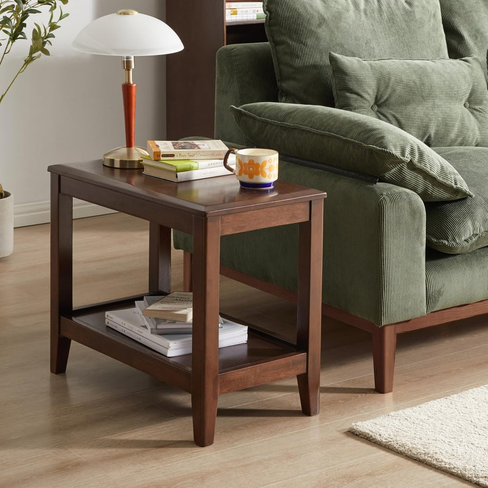 Solid Wood End Table with Storage Shelf, 2-Tier Rustic Side Table for Living ...