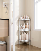 Nieifi Corner Shower Caddy Stand-4 Tier Rustproof Anodized Aluminum Standing Shower Organizer-Shower Caddy Corner-Dual Stability to Anti-Shaking-Height-Adjustable Legs for Uneven Surfaces-Silver