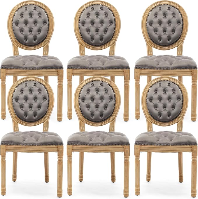 Upholstered Dining Chairs Set of 6 French Country Oval Fabric Back Kitchen Side Chair with Wood Legs for Dining Room, Kitchen, Restaurant(Grey-Velvet)