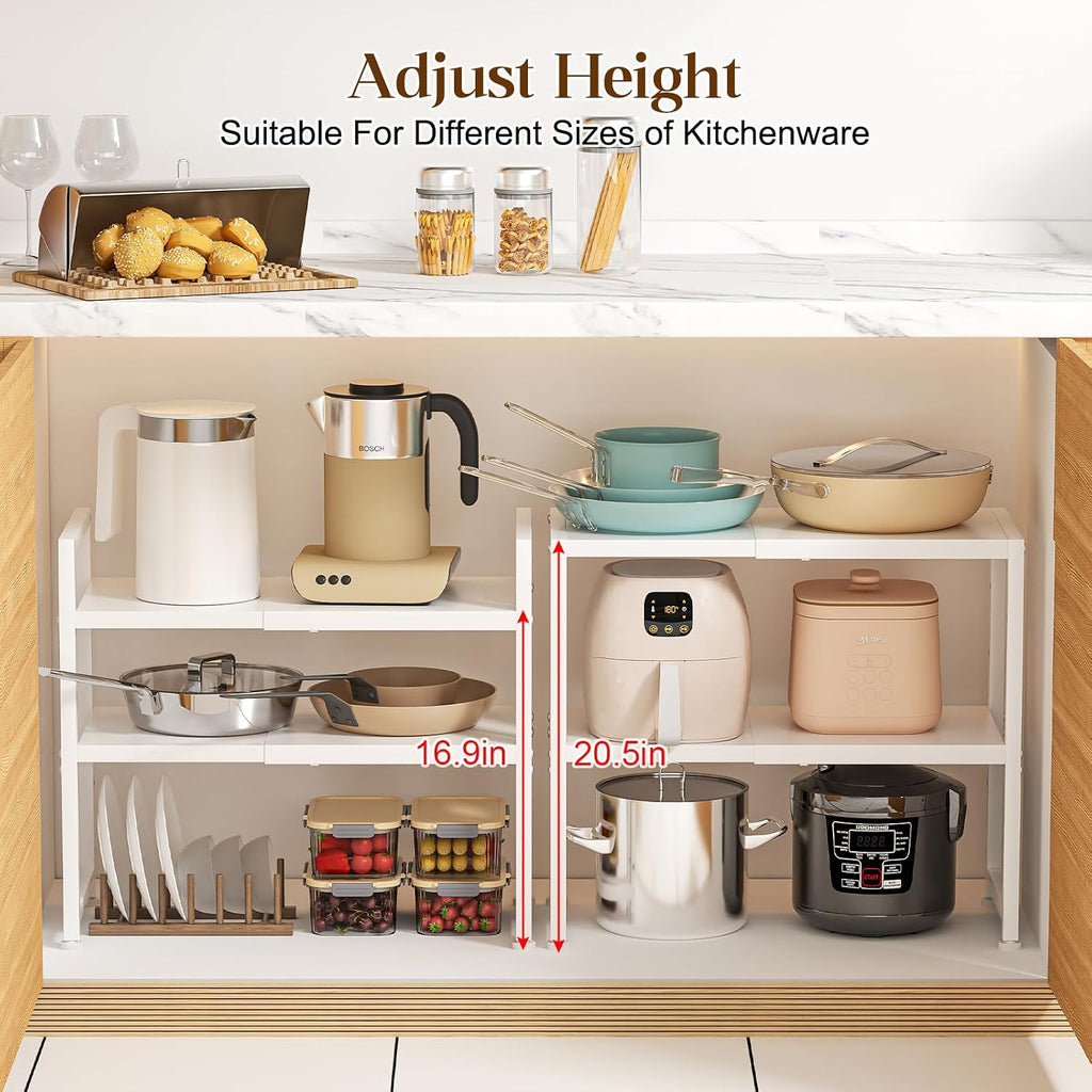 2-Tier Expandable Kitchen Storage Shelf,150LBS Heavy Duty Metal Shelving Units For Small Appliance,Adjustable Pots and Pans Organizer Rack Shelves For Kitchen Counter Under Cabinet Garage Pantry,White