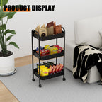 3-Tier Metal Utility Rolling Cart, Multi-Functional Storage Trolley for Office, Living Room, Kitchen, Movable Storage Organizer with Wheels, Black