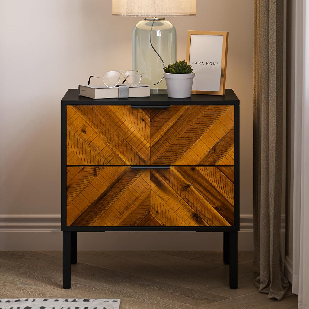 Bme Vivian Nightstand with 2 Drawers, Solid Acacia Wood Bedside Table, Rustic Golden Brown Mid Legacy Modern Night Stand with Storage for Bedroom, Solid Wood End Table with Metal Legs