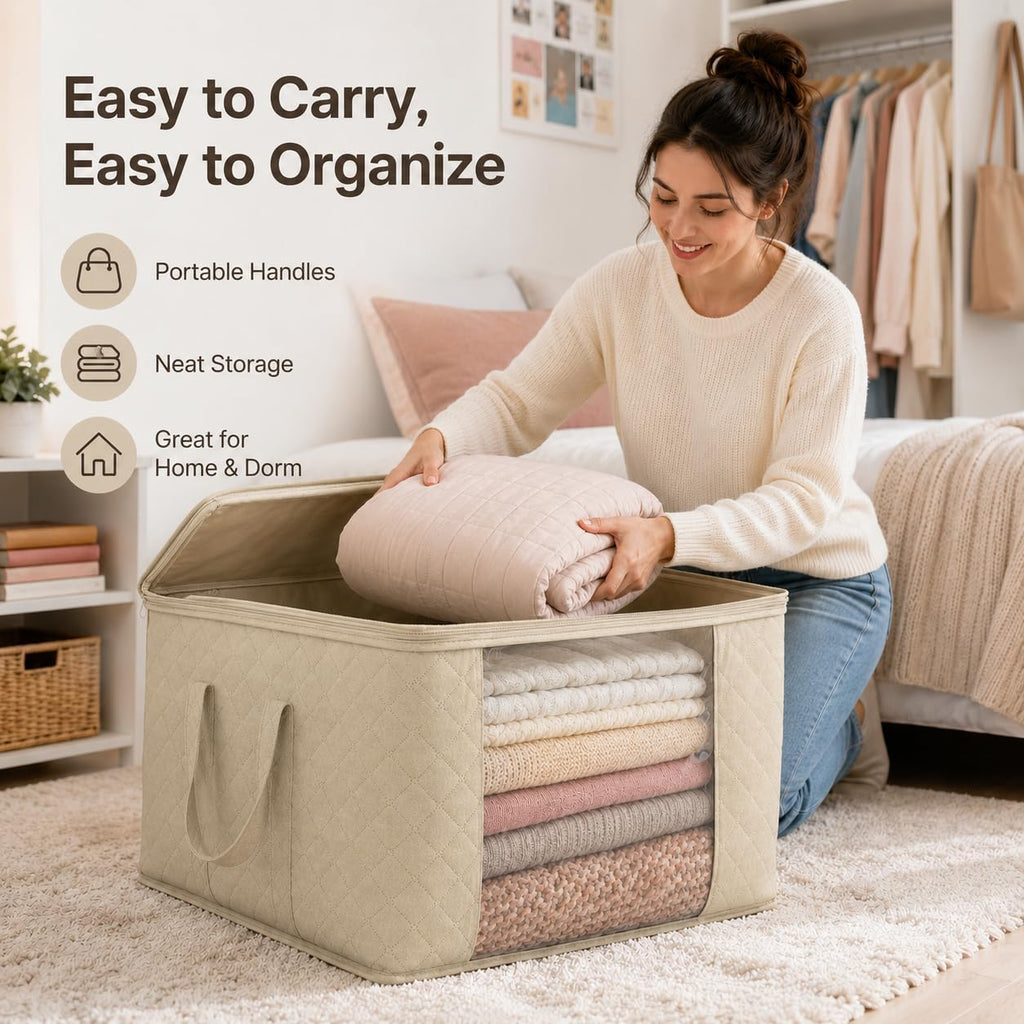 Storage Bags,Clothes Blanket Storage Bins Foldable Closet Organizers with Reinforced Handle for Home Dorm Storage and Organization,Fabric Bags for Organizing Sheets,Clothing (Beige,1)
