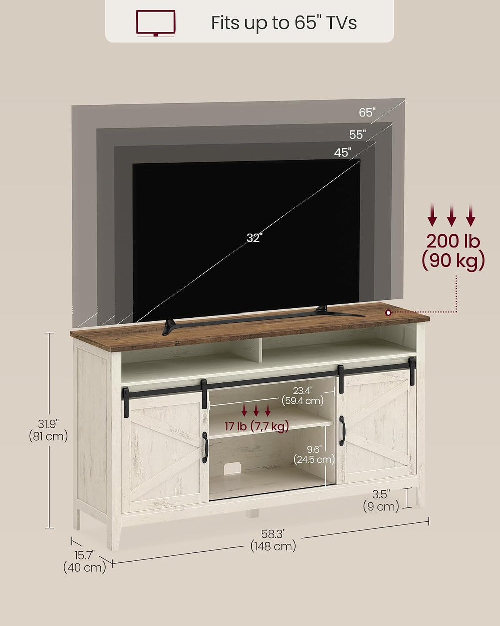 VASAGLE Tall Farmhouse TV Stand, Entertainment Center with Barn Doors, Storag...