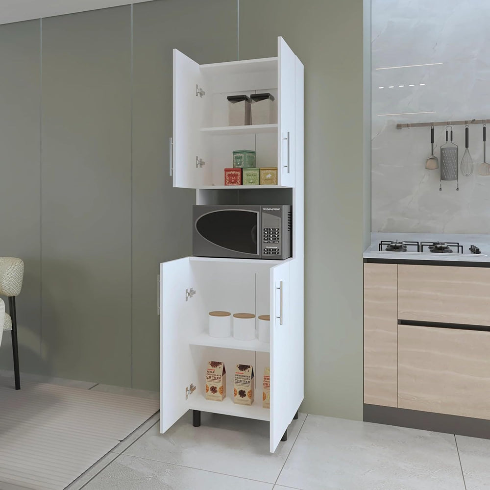 White Double Cabinet Kitchen Pantry with Open Storage