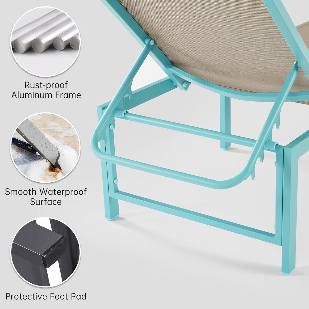 Outdoor Lounge Chair, 5-Position Aluminum Chaise Lounge with Wheels & Arm...