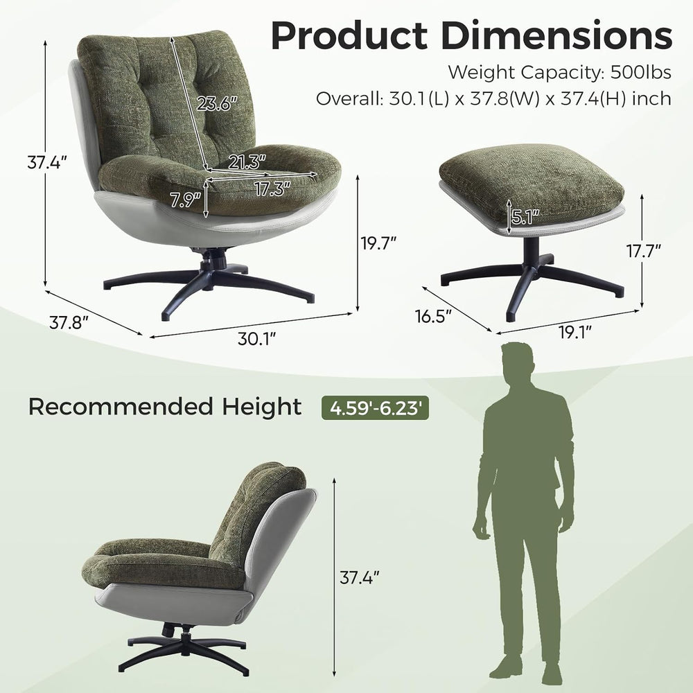 Chenille Rocking Swivel Accent Chair Set of 2 with Ottoman, 360° Oversized Me...