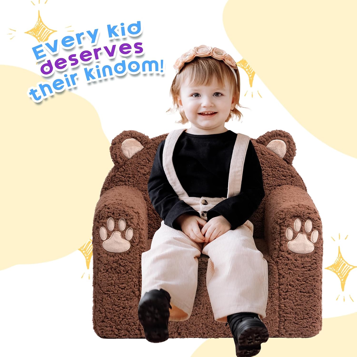 Sherpa Kids Armchair, Kids Sofa, Toddler Animal Brown Bear Reading Chair | Machine washable removable cover, lightweight foam lounge chair for toddlers ages 1–6, no assembly required
