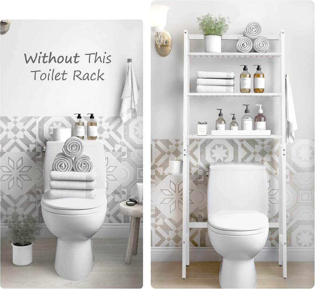MallKing Over The Toilet Storage, Wooden 3-Tier Over-The-Toilet Rack Bathroom Space Saver Organizer, Freestanding Above Toilet with Toilet Paper Holder and Hooks (White)