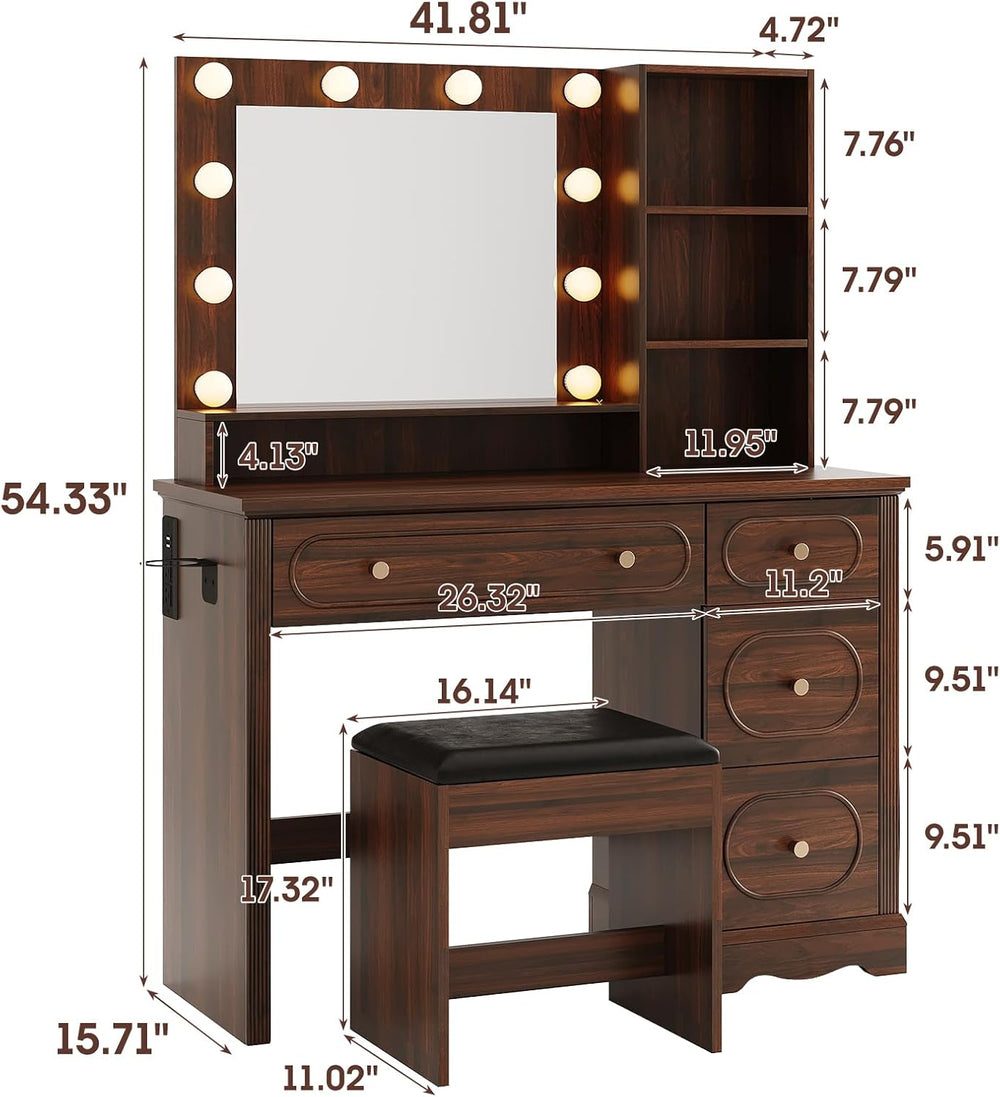 42" Walnut Brown Makeup Vanity Desk with Mirror & Lights & Charg...