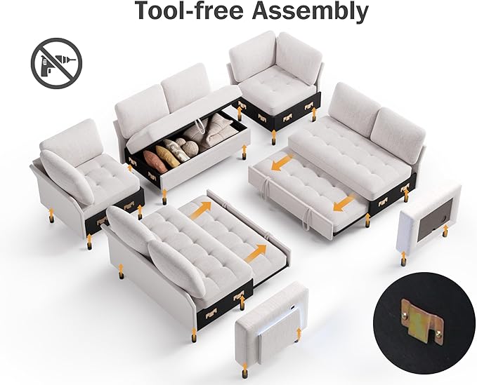 Vipbear 8 Seat U Shaped Modular Sectional Sleeper Sofa with Pull Out Bed/Reclining Backrest/USB Ports/Table/LED Light/Storage Seat, Sectional Sleeper Couch, Tool-Free Assembly, Chenille Beige