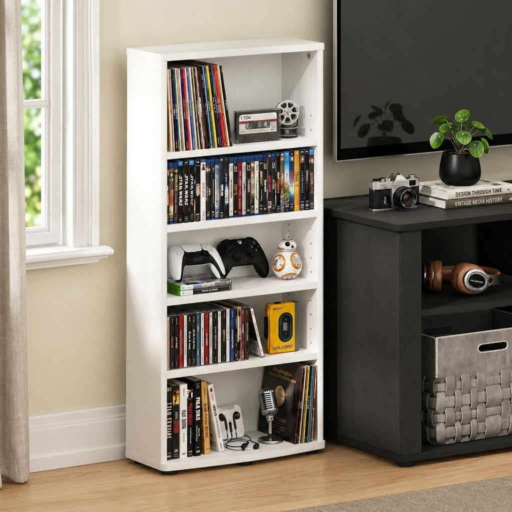 Furinno Jaya DVD Shelf, 5-Tier CD Rack, Media Shelf, White | Open Shelf, Adjustable Shelves, DVD Storage Cabinets for CD Blueray Game Disc, Easy Assembly, for Living Room, Home Office