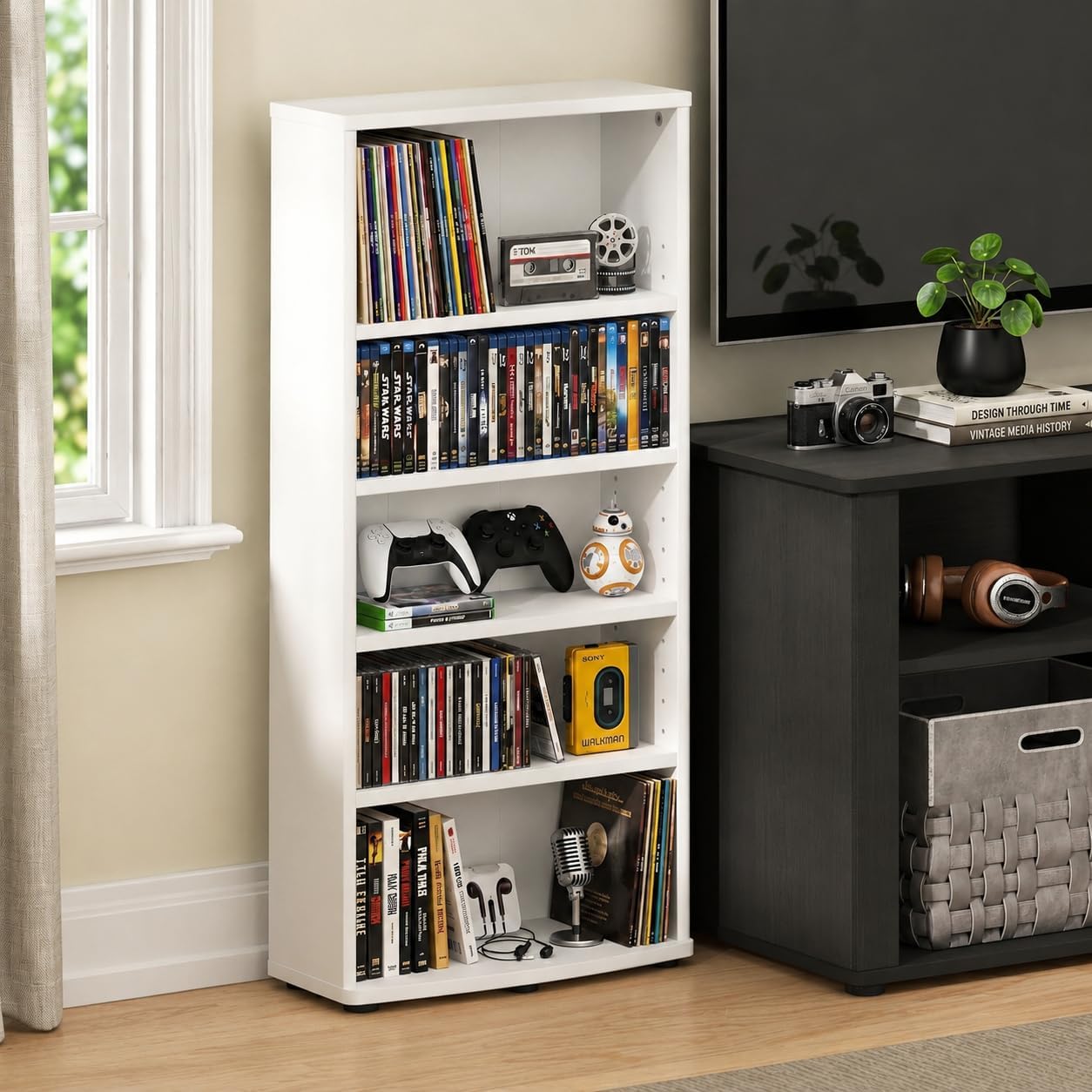 Furinno Jaya DVD Shelf, 5-Tier CD Rack, Media Shelf, White | Open Shelf, Adjustable Shelves, DVD Storage Cabinets for CD Blueray Game Disc, Easy Assembly, for Living Room, Home Office